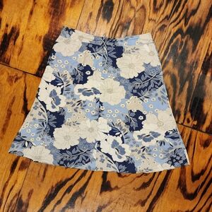 Chic Floral Blue and Tan Liz & Co. Linen Blend A-Line Skirt w/ sidepockets SZ 12